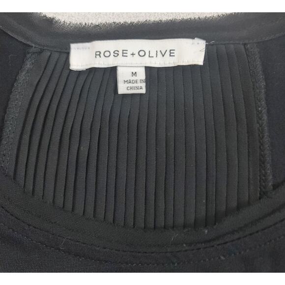 Rose & Olive Black Hi Low Shirt M Back Center Pleated Sheer Panel Frayed Collar - Picture 4 of 7